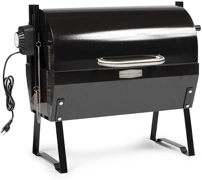 Ash & Ember 4W Rotisserie Spit Roaster Grill, Rated 33 LB, Horizontal Adjustable Spit Rod for Outdoor Charcoal BBQ with Hood, Roast Chicken, Lamb, Pig, Beef