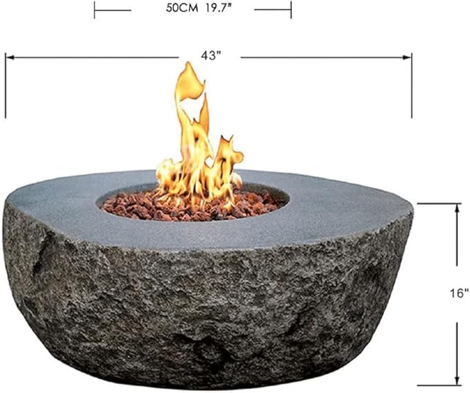 Elementi | Boulder Gas Fire Pit Cast Concrete Semi-Round Fire Table, Outdoor Fire Pit Electronic Ignition | Canvas Cover, Lava Rock Included | Propane Gas