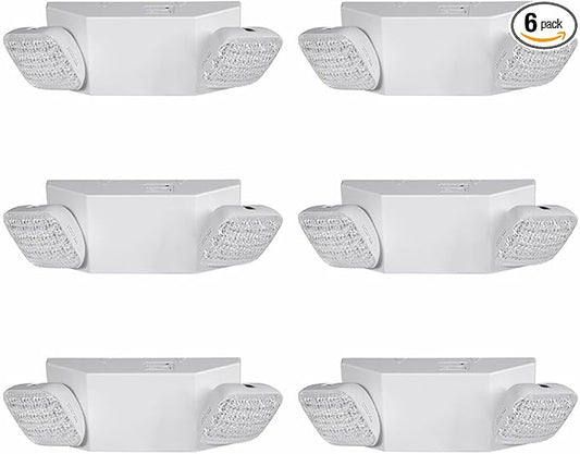 AKT LIGHTING Commercial Emergency Light, UL Certified, White Emergency Light Fixture with 2 LED Square Heads Adjustable & Backup Batteries Exit Lighting Pack of 6