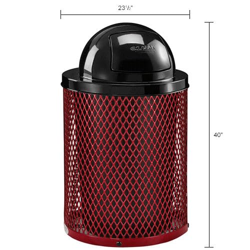 Global Industrial 36 Gallon Outdoor Steel Trash Can with Dome Lid and Raised Base, Plastic Liner and Anchor Kit Included, 23-1/2" Diameter x 43" H, Powder Coat Finish, Unassembled, Red