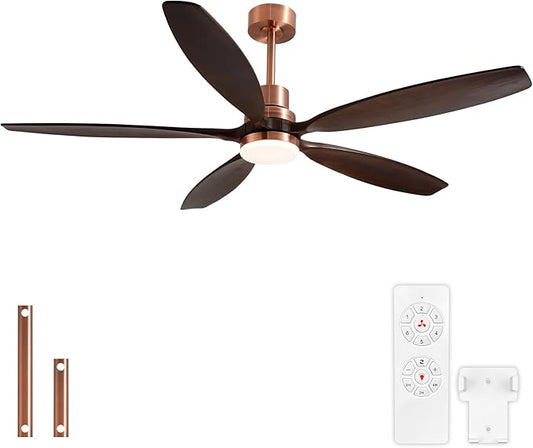 60" Ceiling Fan with Light and Remote,Reversible DC Motor,6Speed,Modern Natural Wood Ceiling Fan with Dimmable LED for Outdoor Patios Bedroom Living Room,Black Walnut and Red Brass