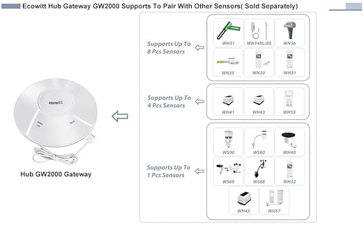 Ecowitt GW2000 Wi-Fi Hub for Wittboy Weather Station, with Built-in on Board Barometer and Thermometer/Hygrometer Sensor, Support Ecowitt Weather Sensors