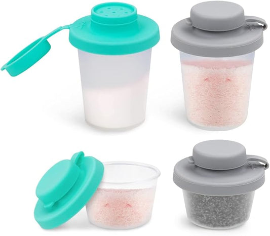 Sophico Small Salt and Pepper Shakers Set with Moisture Proof Sinlicone Lids, 4.5oz Mini Spice Shaker to go for Camping Travel Picnic Lunch Boxes (Mint & Grey, Small & Medium)