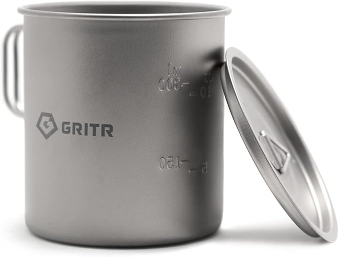 GRITR Titanium Mug, 15.2 fl oz / 25.4 fl oz | Camping, Backpacking, Picnic, Hiking, Travel, Outdoor Cooking Gear w/Lid & Folding Handles | Ultralight Multi-Purpose Metal Cup for Water, Coffee, Tea