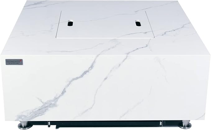 Elementi+ | Bianco Gas Fire Pit | Marble Porcelain & Metal Frame | 40" Square Fire Table | Electronic Ignition | Canvas Cover, Fire Glass & Burner Lid Included | White | Natural Gas
