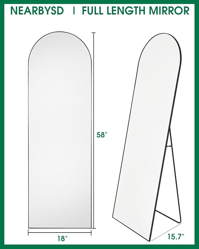 58"x18" Arched Full Length Mirror, Floor Mirror with Stand, Freestanding,Wall Mounted Hanging or Leaning Arched-Top Full Body Mirror for Bedroom, Dressing Room -Black