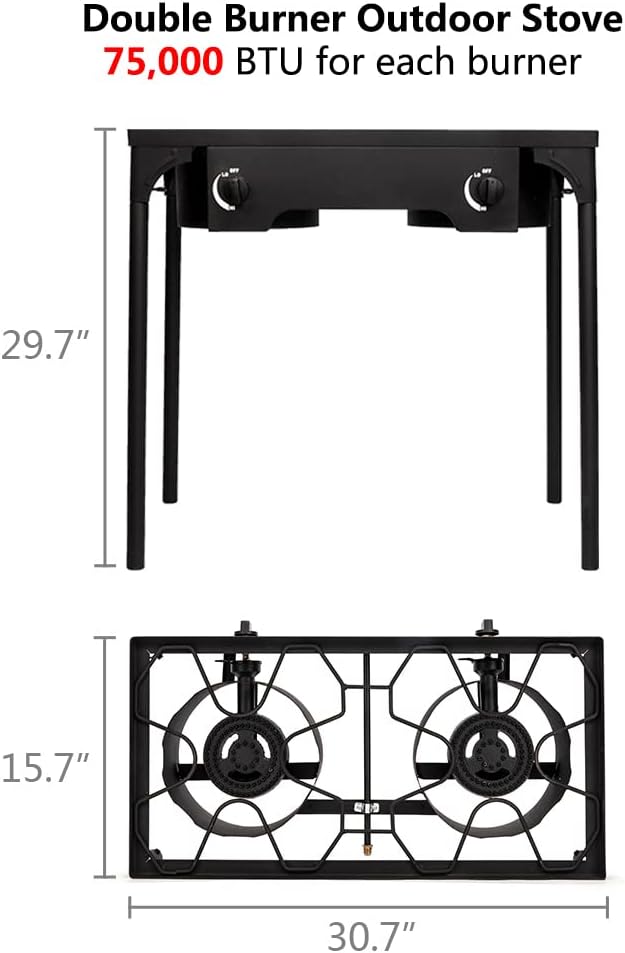 Outdoor Camp Stove High Pressure Propane Gas Cooker Portable Cast Iron Patio Cooking Burner (Double Burner 150000-BTU)