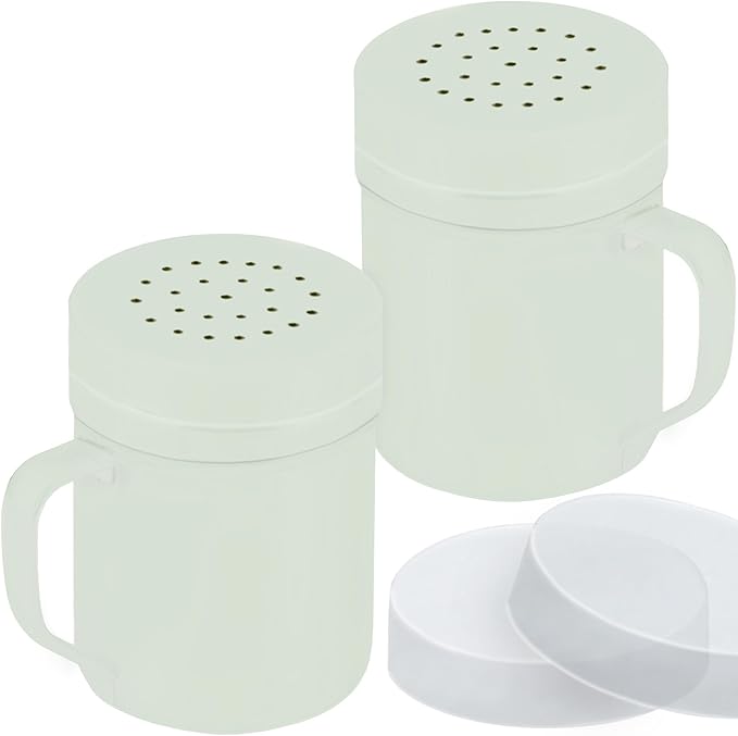 CUSINIUM 6oz Sage Stainless Steel Salt Pepper Dredge Shakers - With Plastic Cap - With Handle - Pack of 2