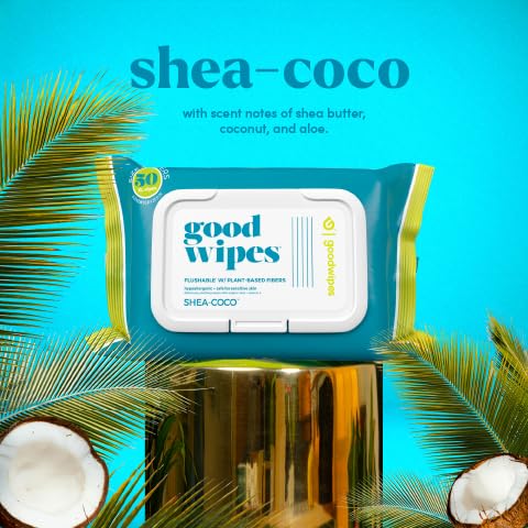 goodwipes Flushable Butt Wipes - Vitamin E & Aloe - Sewer & Septic Safe - Extra Large Adult Wet Wipes For Women & Men - Bathroom Essentials - Shea-Coco, 318 Count (6 Packs + 1 Travel)