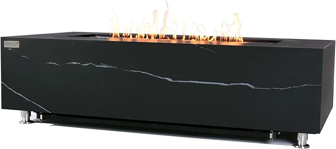 Elementi+ | Varna Gas Fire Pit | Marble Porcelain & Metal Frame | 60" Rectangular Fire Table | Electronic Ignition | Canvas Cover, Fire Glass & Burner Lid Included | Black | Natural Gas