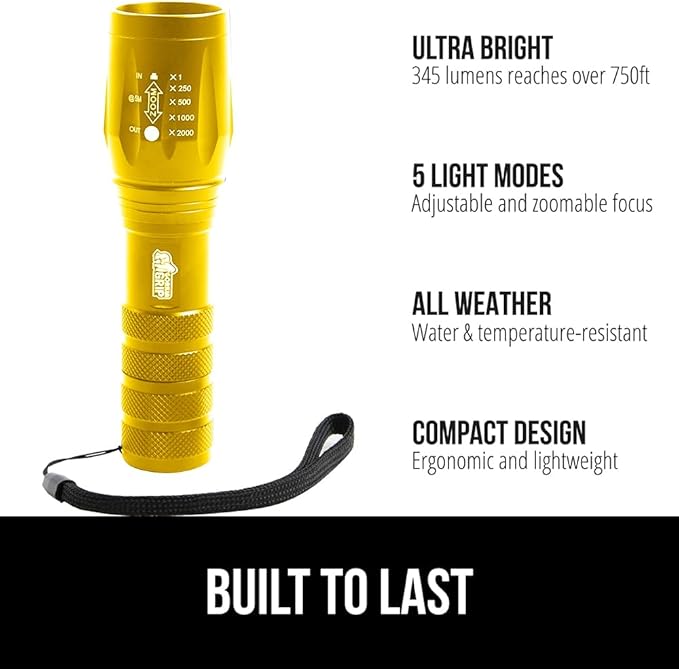 GORILLA GRIP Powerful LED Tactical Flashlight, 750 FT High Lumens 5 Adjustable Modes, Water Resistant, Ultra Bright Zoom Flashlights, Small Mini Flash Light, Camping, Night Dog Walking, Gold