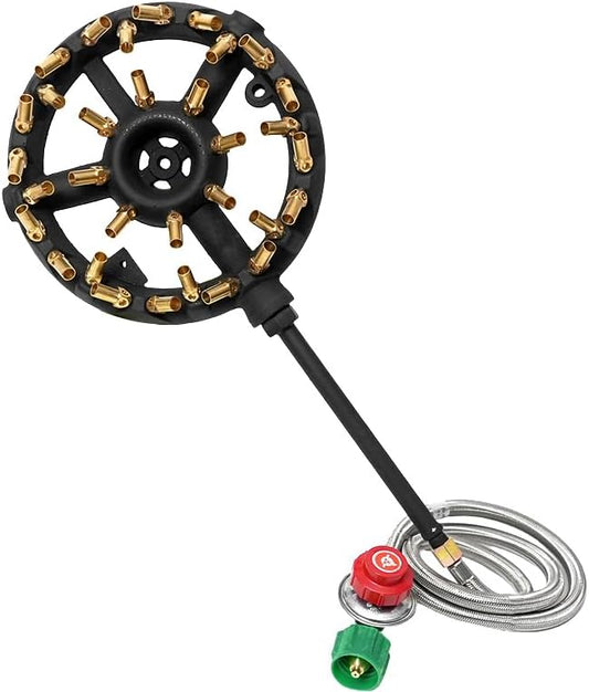 Outdoor Propane Burner with 32 Brass Tips for Camping, Turkey, and More - Stove Buddy's Jet Burner JB-32LP(Propane Gas 32 Tips & Regulator)