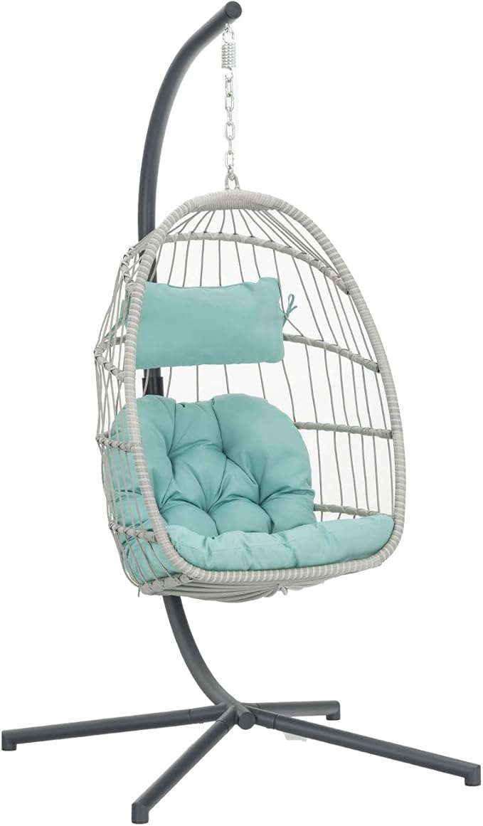 Yechen Egg Swing Chair with Stand, Patio Wicker Rattan Hanging Chair Swing Hammock Egg Chairs with UV Resistant Cushion for Indoor Bedroom Outdoor Garden Backyard, Light Blue (QH1912050036USBL)