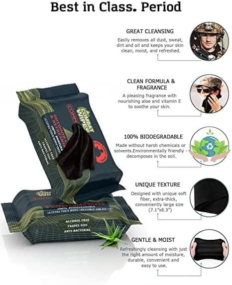 Black Unscented Camouflage Wet Wipes - Combat Wipes COMMANDO - Thick, Biodegradable, Heavy Duty Cleansing Cloths for Camping, Military, Hunting & Backpacking w/Aloe & Vitamin E (8 Pack, 200 wipes)
