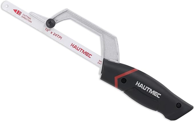 HAUTMEC Mini Hacksaw, 10" Compact Hacksaw with Cutting Guide Design, Tool-Free Blade Change, Compatible with 10"/12" Blades, Lightweight Hack Saw for Metal, PVC & Wood Cutting – HT0427