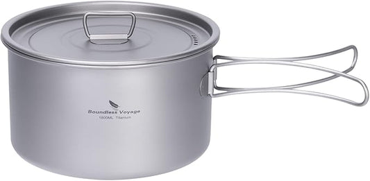 iBasingo 1.8L Titanium Cooking Pot with Lid Camping Cookware with Foldable Handle Outdoor Portable Lightweight Cooking Kit for Backpacking Hiking Picnic Fishing Mountaineering Ti2107C (1 pc)