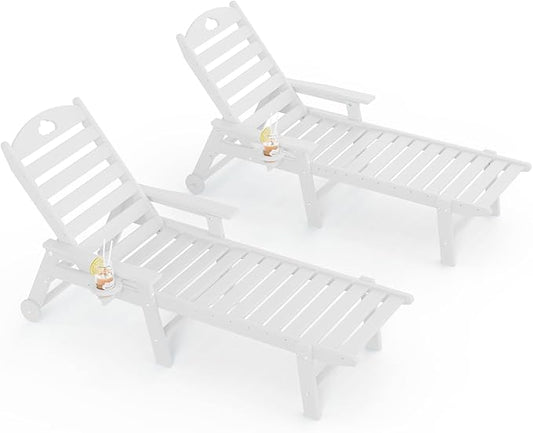 Outdoor Lounge Chair with Cup Holder, Outdoor Chaise Lounge with 6-Position Adjustable Backrest, HDPE Lounge Chair for Poolside, Patio, Deck & Backyard, Chaise Lounge (White, 2)