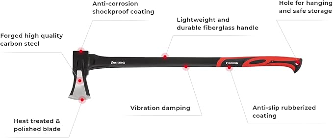INTERTOOL Wood Splitting Maul and and Hatchet Combo Set - 35-inch Axe and 15-inch Camping Chopping Hatchet with Shock Absorbing Fiberglass Handles with Blade Protectors HT-0275-0261