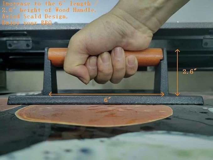 8.3"×4.3" Heavy-Duty Cast Iron Grill Burger Press and Meat Steak with Wood Handle for Blackstone Camp Chef Pitboss Weber Griddle Grills (Rectangle)