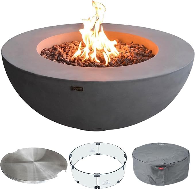 Elementi Lunar Bowl Fire Pit Bundle Outdoor Firepit Set Includes 42” Natural Gas Concrete Firepit Bowl, Glass Windscreen, Stainless Steel Cover, Canvas Cover, Lava Rocks