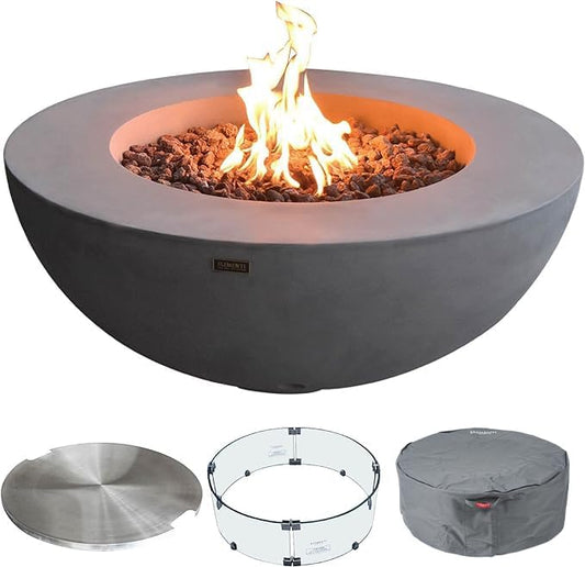 Elementi Lunar Bowl Fire Pit Bundle Outdoor Firepit Set Includes 42” Natural Gas Concrete Firepit Bowl, Glass Windscreen, Stainless Steel Cover, Canvas Cover, Lava Rocks