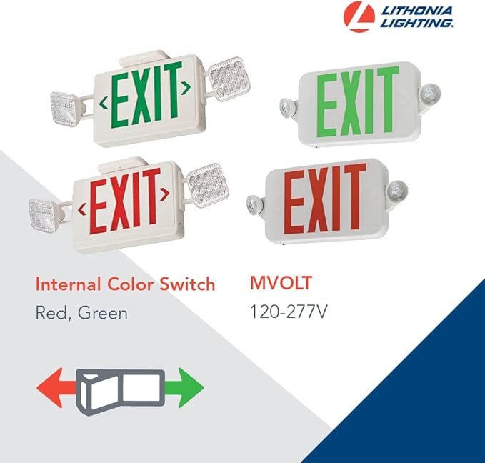 Lithonia Lighting ELM4L Quantum LED Emergency Light, Manual Testing, 640 Lumens, White & RD M6 ECRG LED Emergency Light/Exit Combo Red/Green switchable, Round Lamp Heads, White