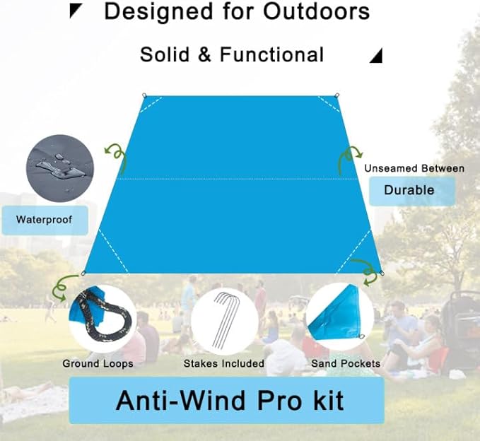Outdoor Pocket Blanket, 55"x79" Waterproof Foldable Compact Pincic Blanket, Ultralight Tarp for Camping, Festival, Beach, Hiking, Backpacking, Travel and More, Stakes Included