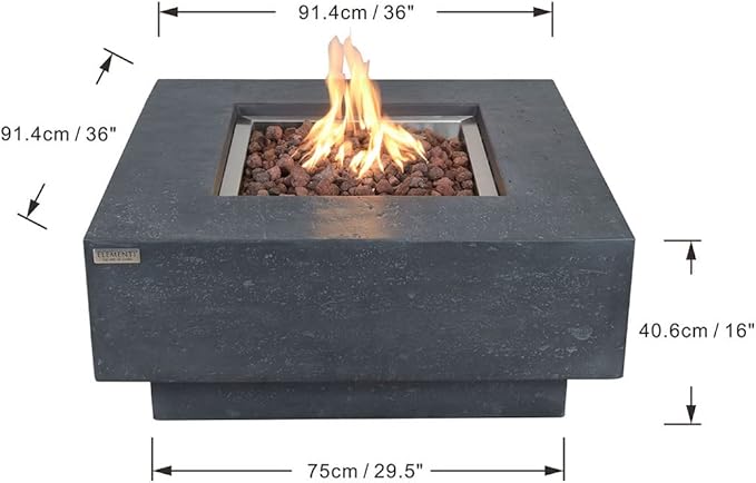 Elementi | Manhattan Gas Fire Pit Cast Concrete 36" Square Fire Table, Outdoor Fire Pit Electronic Ignition | Canvas Cover, Lava Rock Included | Dark Gray (Natural Gas)
