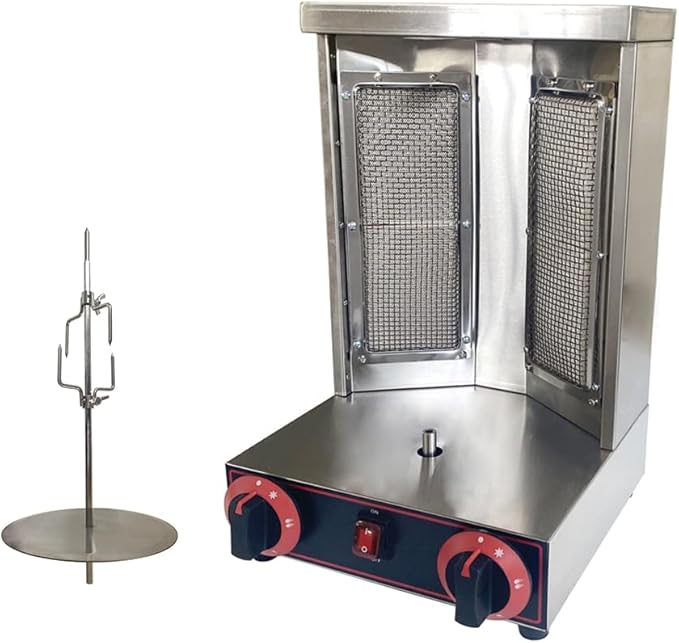 Shawarma Grill Machine LP Gas Gyro Grill Oven Vertical Broiler Rotating Doner Kebab Machine Countertop Rotisserie with 2 Burners for Home Kitchen Adjustable Tempereture