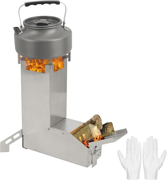 GEEKHOM Rocket Stove Portable Camping Stove - Mini Stainless Steel Folding Wood Burning Stove w/Storage Bag & Gloves | Efficient for Camp, Picnic, Hunting, Fishing, BBQ