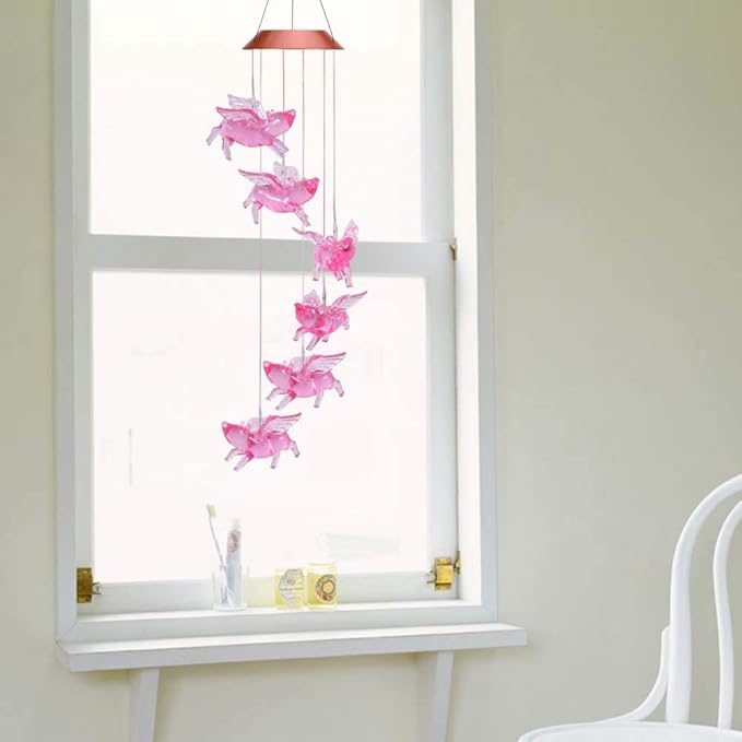 ME9UE Solar Fly Pigs Wind Chimes, Outdoor Waterproof Mobile Romantic LED Multi Color-Changing Solar Sensor Powered Lights for Home, Yard, Night Garden, Party, Valentines Gift, Festival Decor