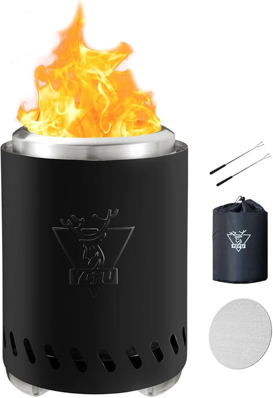 YEFU Tabletop Fire Pit 9.7 x 7.1 in, Low Smoke Camping Stove for Outdoor & Patio, Fueled by Pellets or Wood, Safe Burning Table Top Firepit, with Travel Bag & 2 Mini Sticks & Fireproof Mat, Black