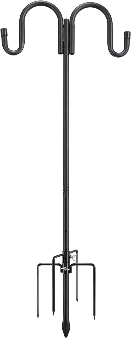 Black Double Shepherds Hook - 82 Inch Adjustable Bird Feeder Pole with 5 Prongs Base - Heavy Duty Rustproof Shepards Hooks for Outdoor Hummingbird Feeder Stand, Solar Lights, Lanterns, Flower Basket