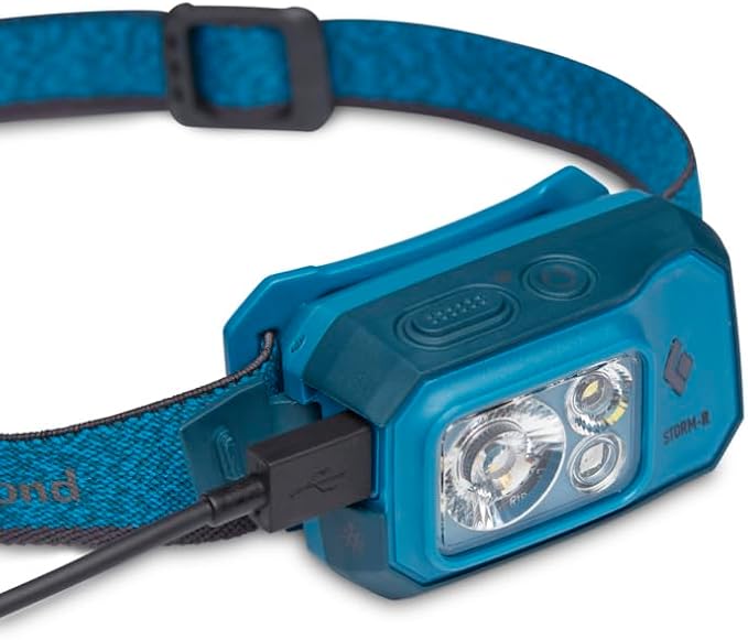BLACK DIAMOND Storm 500-R Rechargeable LED Headlamp, Waterproof and Dimmable for Camping, Hiking, Running, Hunting, Work with Red Light Headlamp Mode, Azul