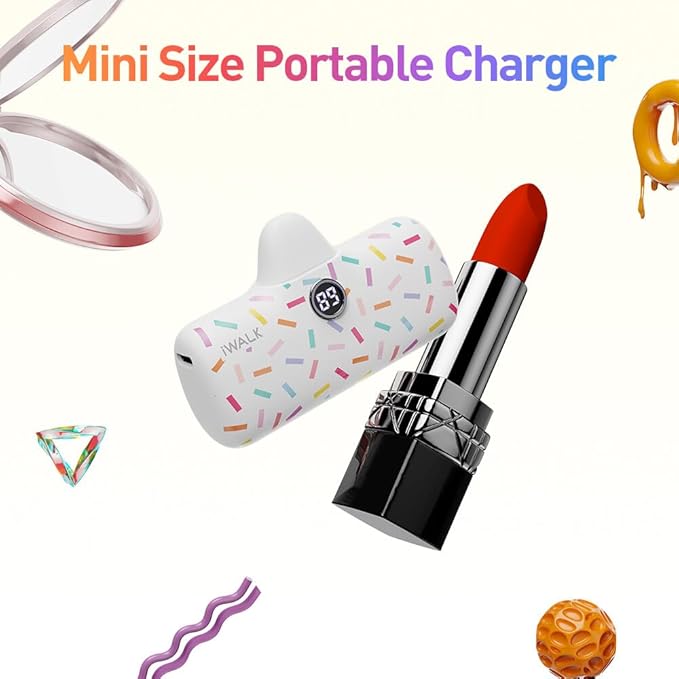 iWALK USB-C Portable Charger with Colorful Pattern, 20W PD Fast Charging 4800mAh Small Power Bank with LED Display, Compatible with iPhone 16/15, 16/15 Plus, 16/15 Pro Max, iPad, Airpods, White