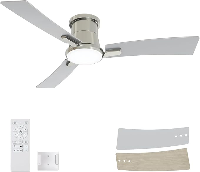 52 Inch Ceiling Fans with Lights and Remote, Brushed Nickel Low Profile Ceiling Fan with Light,Reversible,Flush Mount,6 Speeds,3CCT Dimmable,for Bedroom,Living Room,Indoor Patio