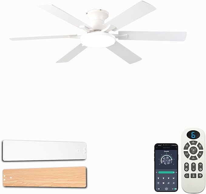 Ceiling Fans with Lights,54 Inch Low Profile Ceiling Fan with Light and Remote Control,6 Speeds/6 Blade,Flush Mount,LED Dimmable DC Reversible Modern, White Ceiling Fan for Bedroom/Living Room