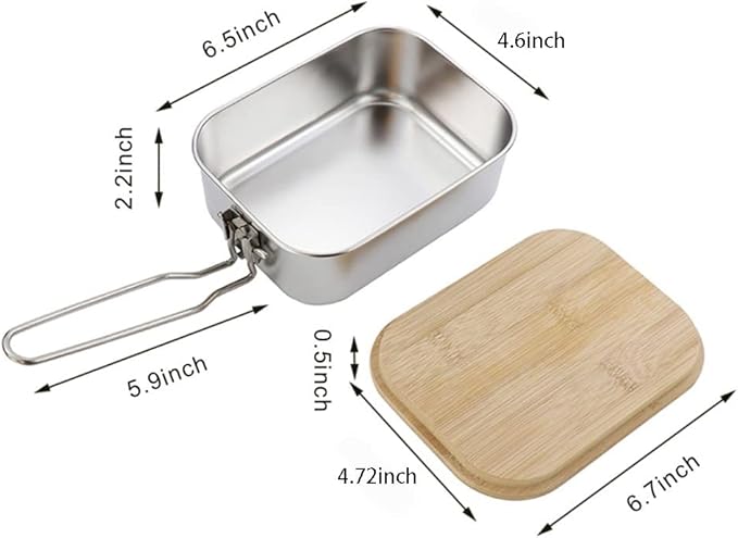 Stainless Steel Camping Cookware Pot with Bamboo Chopping Board, Camping Mess Tin with Foldable Handle and Lid, Applicable for Camping Hiking BackPacking (30oz)
