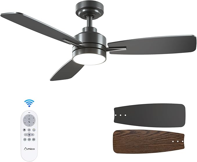 Amico Ceiling Fans with Lights, 44 inch Ceiling fan with Light and Remote Control, Reversible, 3CCT, Dimmable, Noiseless, Small Black Ceiling Fan for Bedroom, Indoor/Outdoor Use