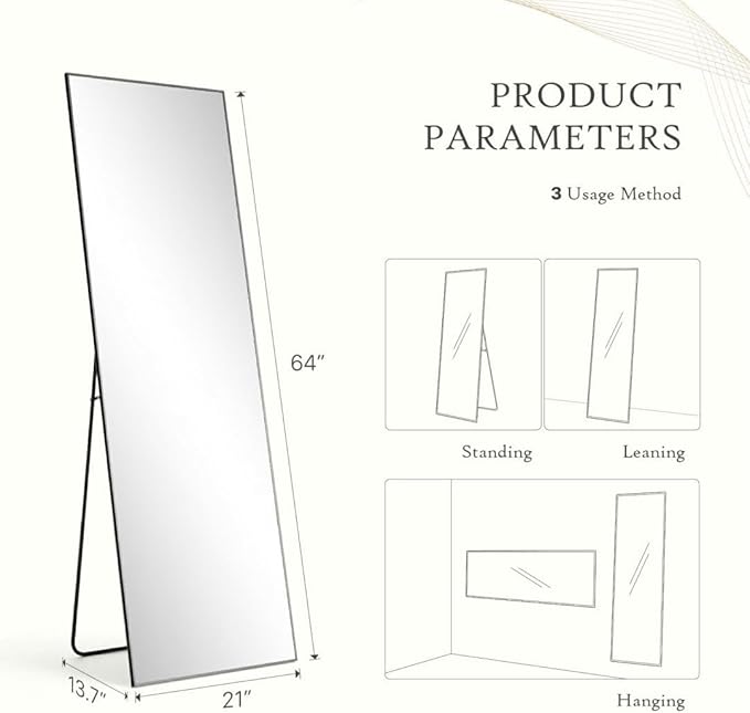 Full Length Floor Mirror, 64"x 21" With Aluminum Alloy Thin Frame - Hanging or Leaning for Wall, Bedroom, Dressing, Home Decor - Black