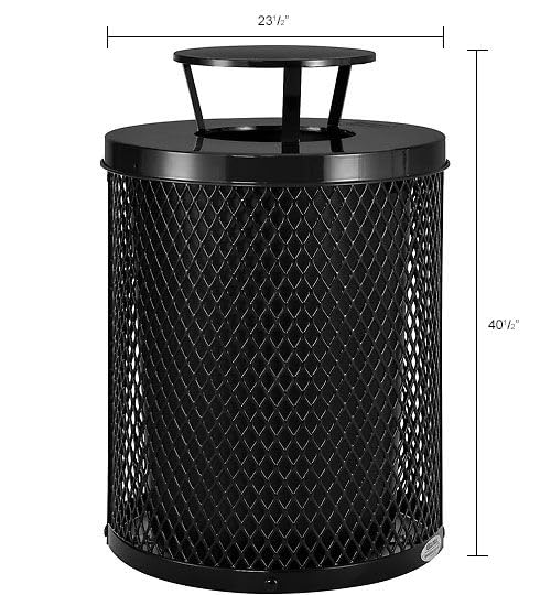 Global Industrial Outdoor Diamond Steel Trash Can with Rain Bonnet Lid and Plastic Liner, 36 Gallon Capacity, Black, Thermoplastic Coating, 23-1/2" Diameter, 40-1/2"H