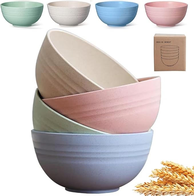 K Y KANGYUN Unbreakable Cereal Bowls - 24 oz Reusable Wheat Straw Bowl- Perfect for Serving Soup, Oatmeal, Pasta, Salad Camping, Picnic Bowls- Dishwasher & Microwave Safe - BPA Free, Sets for 4