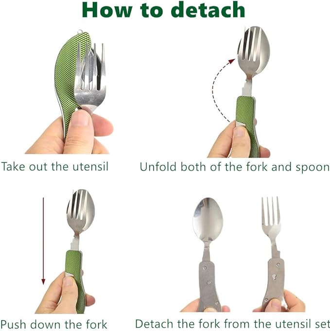 4-in-1 Portable Foldable Utensil Set Compact Knife Fork Spoon Bottle Opener Kit Stainless Steel Utensils for Camping Hiking Travel (Red + Green)