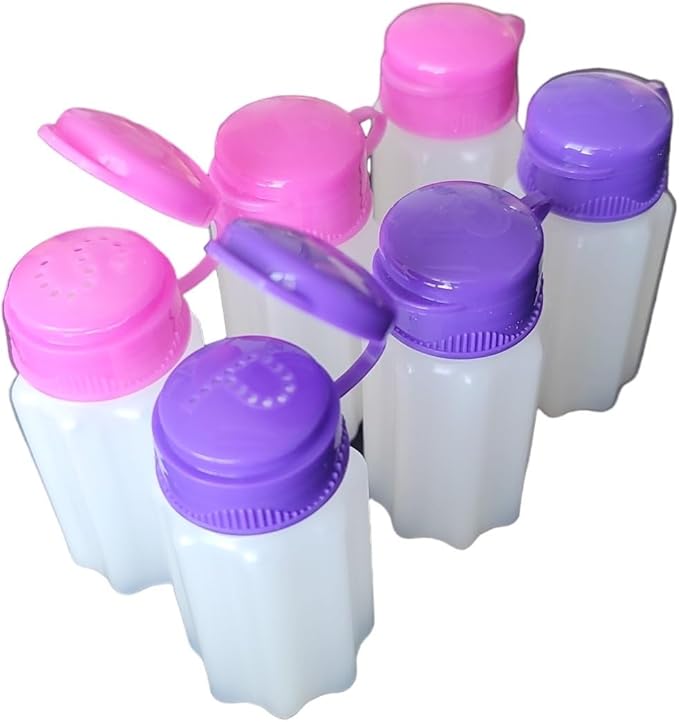 Spill-Proof Flip-Lid Mini Salt & Pepper Shakers | Compact Durable Plastic Travel Spice Dispenser Set for Lunch Bags, Camping & Outdoor Cooking | Pink and Purple (3 Pair)