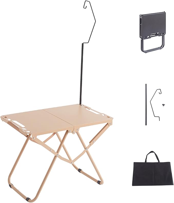 Folding Camping Table with Lantern Pole, Carbon Steel, Portable Outdoor Table for BBQ, Fishing, Hiking, Picnic