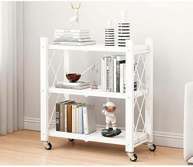 4-Tire Storage Rack, 28*13*34.5in Foldable Metal Garage Storage Shelves Organizer, Portable Metal Kitchen Shelving, Closet Shelving Unit Bakers Rack Microwave Stand, White(Tiered Shelf-3)