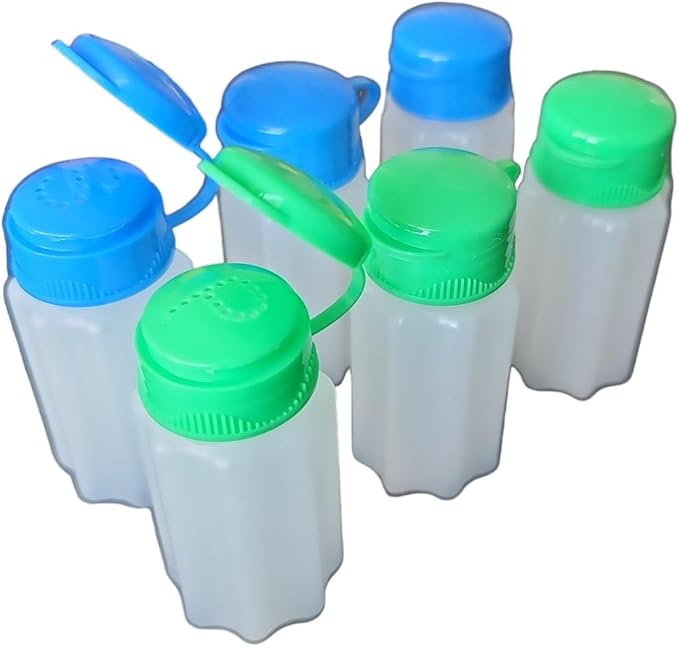 Spill-Proof Flip-Lid Mini Salt & Pepper Shakers | Compact Durable Plastic Travel Spice Dispenser Set for Lunch Bags, Camping & Outdoor Cooking | Blue and Green (3 Pair)