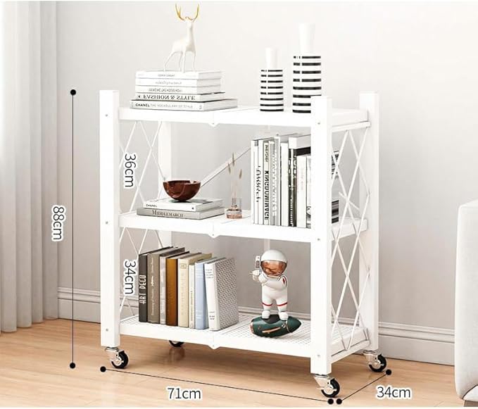 4-Tire Storage Rack, 28*13*34.5in Foldable Metal Garage Storage Shelves Organizer, Portable Metal Kitchen Shelving, Closet Shelving Unit Bakers Rack Microwave Stand, White(Tiered Shelf-3)