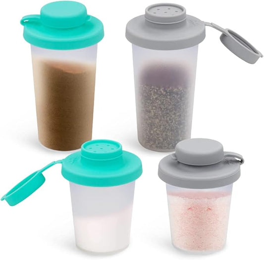Sophico Small Salt and Pepper Shakers Set with Moisture Proof Sinlicone Lids, 4.5oz Mini Spice Shaker to go for Camping Travel Picnic Lunch Boxes (Mint & Grey, Medium & Large)