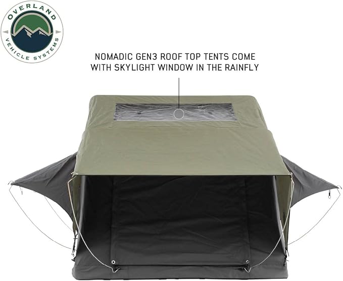 Overland Vehicle Systems HD Nomadic 4 Extended Soft Shell Roof Top Tent - Dark Gray Base with Green Rain Fly & Black 1000G PVC Travel Cover - Black Aluminum Base